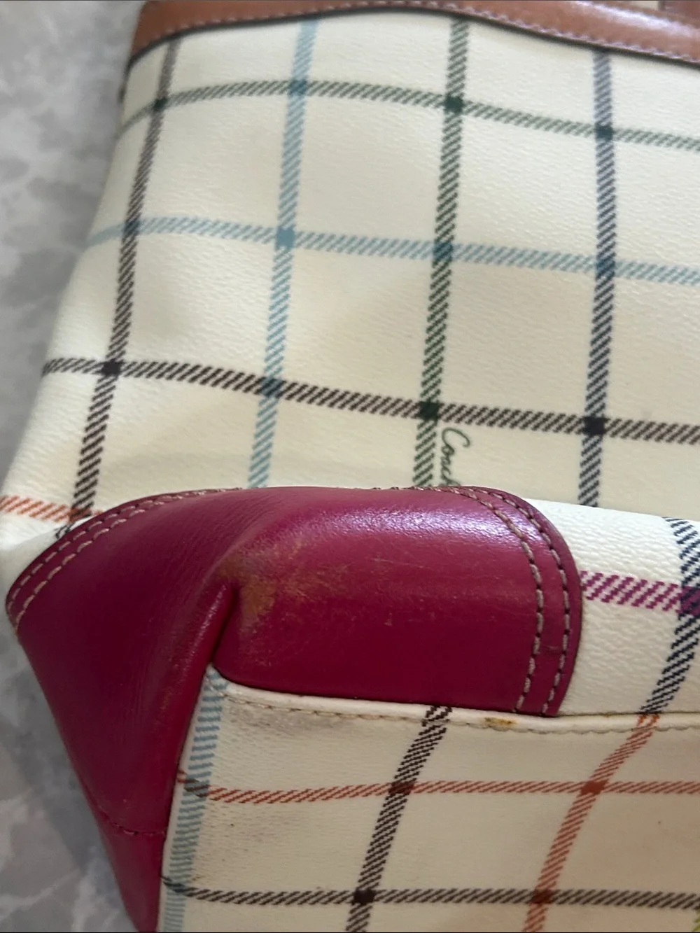 Coach Heritage Tattersall Cream Plaid Tote with Magenta Center Stripe